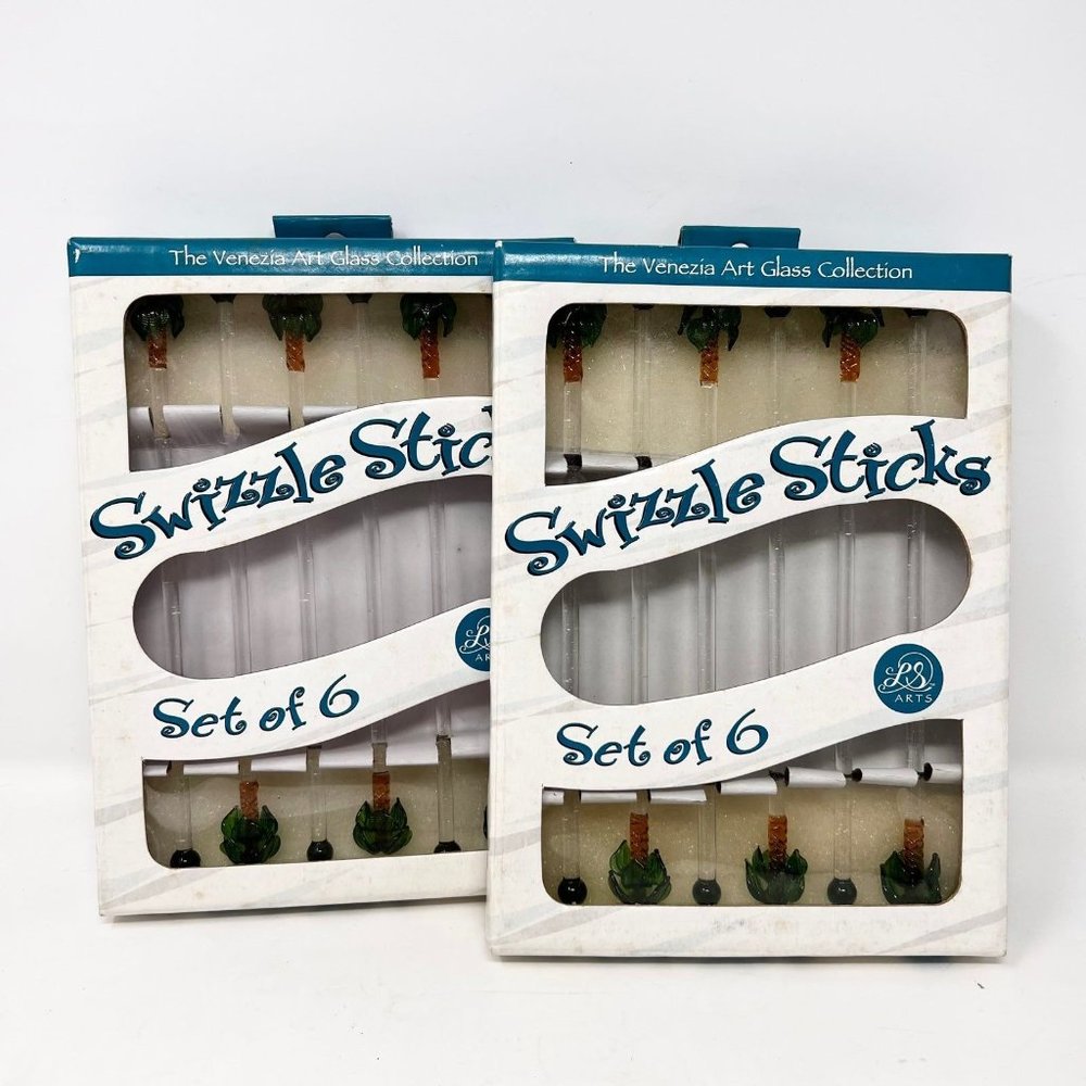 Swizzle Sticks LS Arts Venezia Art Glass Palm Trees New Old‎ Stock 2 Sets of 6